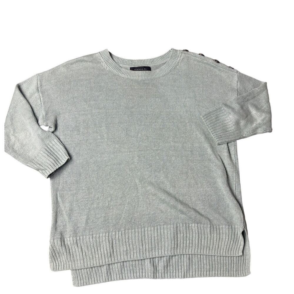 Tahari 100% Linen Knit Sweater Women’s Size M Sage Green Lightweight Pullover